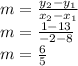 m=\frac{y_2-y_1}{x_2-x_1}\\m=\frac{1-13}{-2-8}\\m=\frac{6}{5}