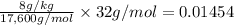 \frac{8 g/kg}{17,600 g/mol}\times 32 g/mol=0.01454