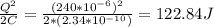 \frac {Q^{2}}{2C}=\frac {(240*10^{-6})^{2}}{2*(2.34*10^{-10})}=122.84J