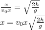\frac{x}{v_{0} x}=\sqrt{\frac{2h}{g}}\\x={v_{0} x}\sqrt{\frac{2h}{g}}