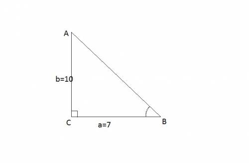 In triangle abc, find b, to the nearest degree, given a=7, b=10, and c is a right angle. a. 35 degre