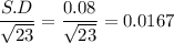 \displaystyle\frac{S.D}{\sqrt{23}} = \frac{0.08}{\sqrt{23}} = 0.0167
