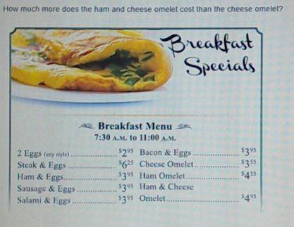 Ham &  cheese how much more doesthe ham and cheese omelet cost than thecheese omelet?