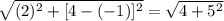 \sqrt{(2)^{2}+[4-(-1)]^{2}}=\sqrt{4+5^{2} }