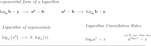 \bf \textit{exponential form of a logarithm} \\\\ \log_a b=y \implies a^y= b\qquad\qquad a^y= b\implies \log_a b=y \\\\\\ \begin{array}{llll} \textit{Logarithm of exponentials} \\\\ \log_a\left( x^b \right)\implies b\cdot \log_a(x) \end{array} ~\hspace{7em} \begin{array}{llll} \textit{Logarithm Cancellation Rules} \\\\ log_a a^x = x\qquad \qquad \stackrel{\textit{we'll use this one}}{a^{log_a x}=x} \end{array} \\\\[-0.35em] \rule{34em}{0.25pt}