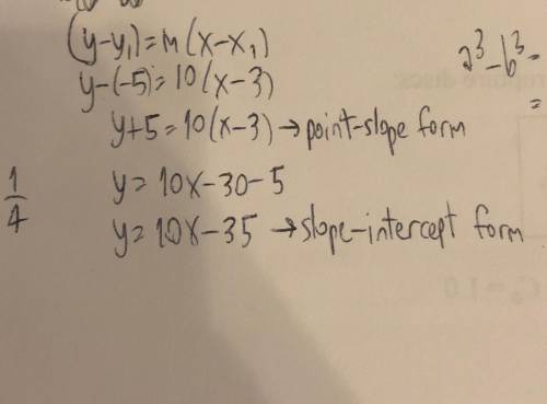 Find the equation of the line with slope= 10 and passing through (3,-5) write your equation in point