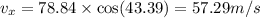 v_x=78.84\times \cos (43.39)=57.29 m/s