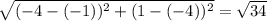 \sqrt{(-4-(-1))^{2}+(1-(-4))^{2}  } =\sqrt{34}