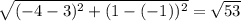 \sqrt{(-4-3)^{2}+(1-(-1))^{2}  } =\sqrt{53}