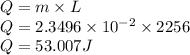 Q= m \times L\\Q= 2.3496 \times 10^{-2}\times 2256\\Q= 53.007 J