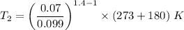 T_2=\left(\dfrac{0.07}{0.099}\right)^{1.4-1}\times (273+180)\ K