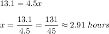 13.1=4.5x\\ \\x=\dfrac{13.1}{4.5}=\dfrac{131}{45}\approx 2.91 \ hours