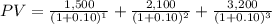 PV=\frac{1,500}{(1+0.10)^{1} } +\frac{2,100}{(1+0.10)^{2} } +\frac{3,200}{(1+0.10)^{3} }