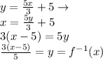 y=\frac{5x}{3}+5\rightarrow\\x=\frac{5y}{3}+5\\3(x-5)=5y\\\frac{3(x-5)}{5}=y=f^{-1}(x)
