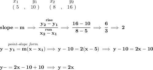 \bf \begin{array}{ccccccccc}&#10;&&x_1&&y_1&&x_2&&y_2\\&#10;%  (a,b)&#10;&&(~ 5 &,& 10~) &#10;%  (c,d)&#10;&&(~ 8 &,& 16~)&#10;\end{array}&#10;\\\\\\&#10;% slope  = m&#10;slope =  m\implies &#10;\cfrac{\stackrel{rise}{ y_2- y_1}}{\stackrel{run}{ x_2- x_1}}\implies \cfrac{16-10}{8-5}\implies \cfrac{6}{3}\implies 2&#10;\\\\\\&#10;% point-slope intercept&#10;\stackrel{\textit{point-slope form}}{y- y_1= m(x- x_1)}\implies y-10=2(x-5)\implies y-10=2x-10&#10;\\\\\\&#10;y-=2x-10+10\implies y=2x