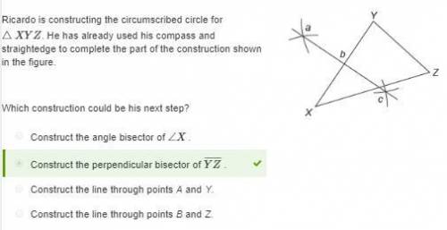Ricardo is constructing the circumscribed circle for △xyz. he has already used his compass and strai