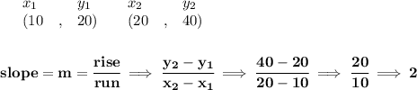 \bf \begin{array}{lllll}&#10;&x_1&y_1&x_2&y_2\\&#10;%   (a,b)&#10;&({{ 10}}\quad ,&{{ 20}})\quad &#10;%   (c,d)&#10;&({{ 20}}\quad ,&{{ 40}})&#10;\end{array}&#10;\\\\\\&#10;% slope  = m&#10;slope = {{ m}}= \cfrac{rise}{run} \implies &#10;\cfrac{{{ y_2}}-{{ y_1}}}{{{ x_2}}-{{ x_1}}}\implies \cfrac{40-20}{20-10}\implies \cfrac{20}{10}\implies 2