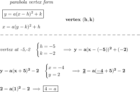 \bf \qquad \textit{parabola vertex form}\\\\&#10;\begin{array}{llll}&#10;\boxed{y=a(x-{{ h}})^2+{{ k}}}\\\\&#10;x=a(y-{{ k}})^2+{{ h}}&#10;\end{array} \qquad\qquad  vertex\ ({{ h}},{{ k}})\\\\&#10;-----------------------------\\\\&#10;\textit{vertex at -5,-2}\quad &#10;\begin{cases}&#10;h=-5\\&#10;k=-2\\&#10;\end{cases}\implies y=a(x-(-5))^2+(-2)&#10;\\\\\\&#10;y=a(x+5)^2-2\quad &#10;\begin{cases}&#10;x=-4\\&#10;y=2&#10;\end{cases}\implies \underline{2}=a(\underline{-4}+5)^2-2&#10;\\\\\\&#10;2=a(1)^2-2\implies \boxed{4=a}
