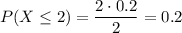 P(X\le2)=\dfrac{2\cdot0.2}2=0.2