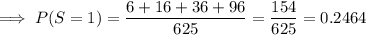 \implies P(S=1)=\dfrac{6+16+36+96}{625}=\dfrac{154}{625}=0.2464