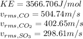 KE=3566.706J/mol\\v_{rms,CO}=504.74m/s\\v_{rms,CO_2}=402.65m/s\\v_{rms,SO_3}=298.61m/s