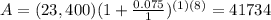 A=(23,400)(1+\frac{0.075}{1})^{(1)(8)}=41734
