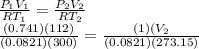 \frac{P_{1}V_{1}  }{RT_{1} } = \frac{P_{2}V_{2}  }{RT_{2} } \\ \frac{(0.741)(112)}{(0.0821)(300)} = \frac{(1)(V_{2}}{(0.0821)(273.15)}