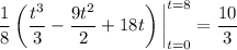 \displaystyle\frac18\left(\frac{t^3}3-\frac{9t^2}2+18t\right)\bigg|_{t=0}^{t=8}=\frac{10}3