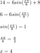 14=6sin(\frac{x\pi }{8})+8\\\\ 6=6sin(\frac{x\pi }{8})\\\\sin(\frac{x\pi }{8})=1\\\\ \frac{x\pi }{8}=\frac{\pi }{2}\\\\ x=4