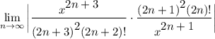 \displaystyle \lim_{n \to \infty} \bigg| \frac{x^\big{2n + 3}}{(2n + 3)^\big2(2n + 2)!} \cdot \frac{(2n + 1)^\big2(2n)!}{x^\big{2n + 1}} \bigg|
