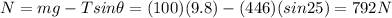 N=mg-T sin \theta=(100)(9.8)-(446)(sin 25)=792 N