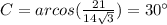 C=arcos(\frac{21}{14\sqrt{3}})=30\°