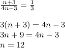\frac{n+3}{4n-3}=\frac{1}{3}\\\\3(n+3)=4n-3\\3n+9=4n-3\\n=12