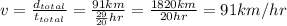 v=\frac{d_{total} }{t_{total} }=\frac{91km}{\frac{29}{20}hr }=\frac{1820km}{20hr}=91km/hr
