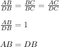 \frac{AB}{DB}=\frac{BC}{BC}=\frac{AC}{DC}\\\\\frac{AB}{DB}=1\\\\ AB=DB