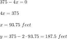 375-4x=0\\ \\4x=375\\ \\x=93.75\ feet\\ \\y=375-2\cdot 93.75=187.5\ feet