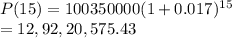 P(15) =100350000(1+0.017)^{15} \\=12,92,20,575.43