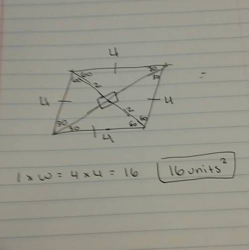 Given rhombus abcd, find area if angleabc = 60deg ae = 2