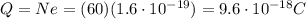 Q=Ne=(60)(1.6\cdot 10^{-19})=9.6\cdot 10^{-18} C