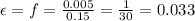 \epsilon=f=\frac {0.005}{0.15}=\frac {1}{30}=0.033