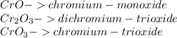 CrO-chromium-monoxide\\Cr_2O_3 - dichromium-trioxide\\CrO_3 - chromium-trioxide