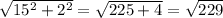 \sqrt{15^2  +  2^2}  = \sqrt{225 + 4} = \sqrt{229}