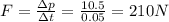 F=\frac{\Delta p}{\Delta t}=\frac{10.5}{0.05}=210 N