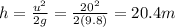 h=\frac{u^2}{2g}=\frac{20^2}{2(9.8)}=20.4 m