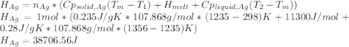 H_{Ag}=n_{Ag}*(Cp_{solid,Ag}(T_m-T_1)+H_{melt}+Cp_{liquid,Ag}(T_2-T_m))\\H_{Ag}=1mol*(0.235J/gK*107.868g/mol*(1235-298)K+11300J/mol+0.28J/gK*107.868g/mol*(1356-1235)K) \\H_{Ag}=38706.56J