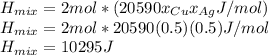 H_{mix}=2mol*(20590x_{Cu}x_{Ag}J/mol)\\H_{mix}=2mol*20590(0.5)(0.5)J/mol\\H_{mix}=10295J