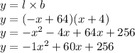 y=l\times b\\y=(-x+64)(x+4)\\y=-x^{2}-4x+64x+256\\y=-1x^{2}+60x+256