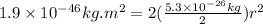 1.9\times 10^{-46}kg.m^2=2(\frac{5.3\times 10^{-26}kg}{2})r^2