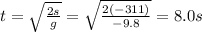 t=\sqrt{\frac{2s}{g}}=\sqrt{\frac{2(-311)}{-9.8}}=8.0 s