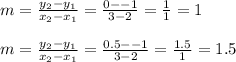m = \frac{y_2-y_1}{x_2-x_1} = \frac{0--1}{3-2} = \frac{1}{1} = 1\\\\m = \frac{y_2-y_1}{x_2-x_1} = \frac{0.5--1}{3-2} = \frac{1.5}{1} = 1.5